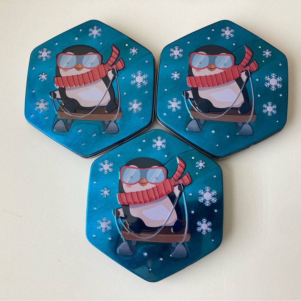 3 Skating Penguin Metal Tin Christmas Holiday Snow Blue Box Amazon Tins Lot Set